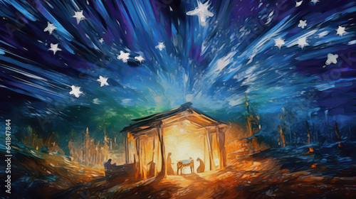 Photographie Nativity scene, Starry Night Manger watercolor, generative ai