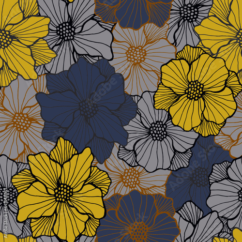 Delicate peony bloom seamless sample. Hand drawn floral composition. Peony bl...