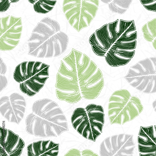 Monstera striped leaves botanical repeat ornament over noisy background.