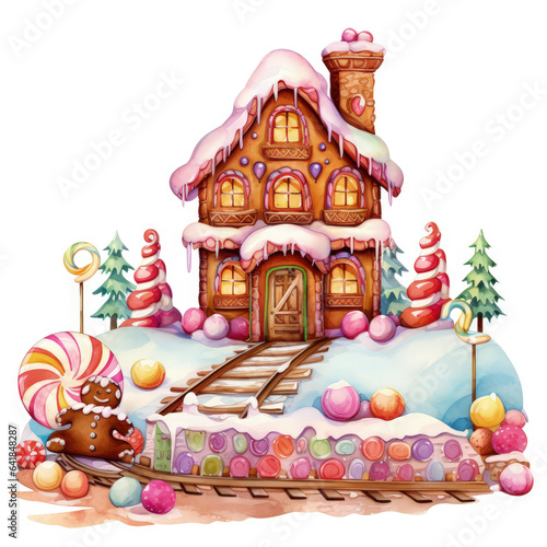 Whimsical watercolor Gingerbread Clipart showcasing a delightful gingerbread village, bustling with tiny gingerbread people, each engaged in their activities, set amidst a lush, Generative Ai