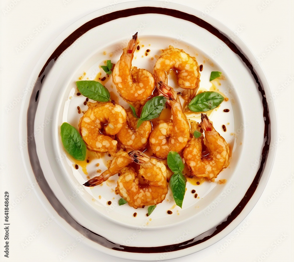 Fried shrimp on a plate isolate on a white background. Generative AI, Fried shrimp on a plate isolate on a white background. Generative AI,