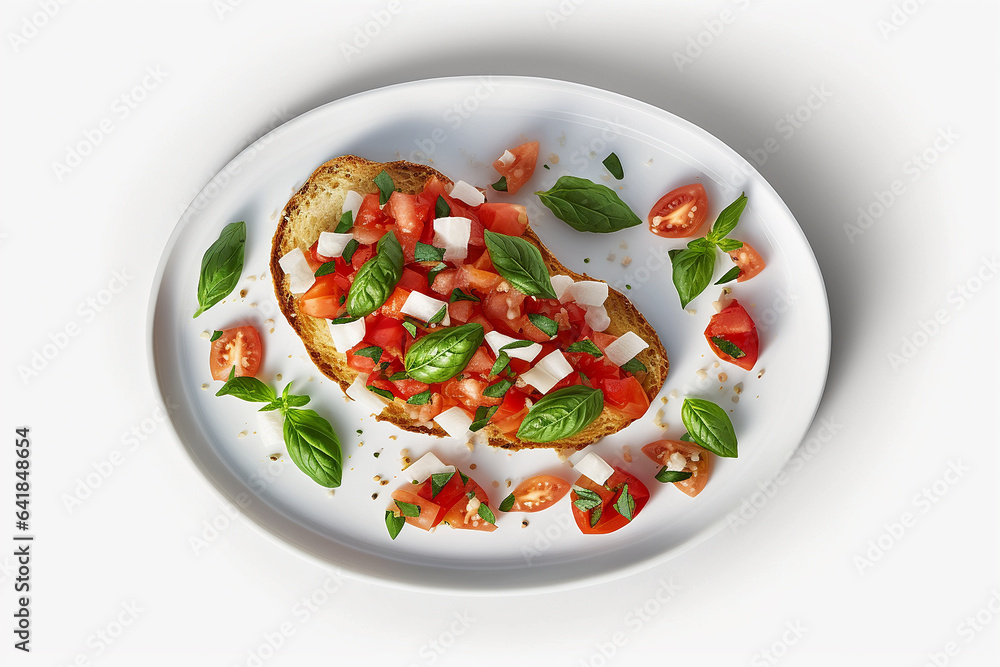 Bruschetta with tomatoes and basil on a plate isolate on a white background. Generative AI, Bruschetta with tomatoes and basil on a plate isolate on a white background. Generative AI,