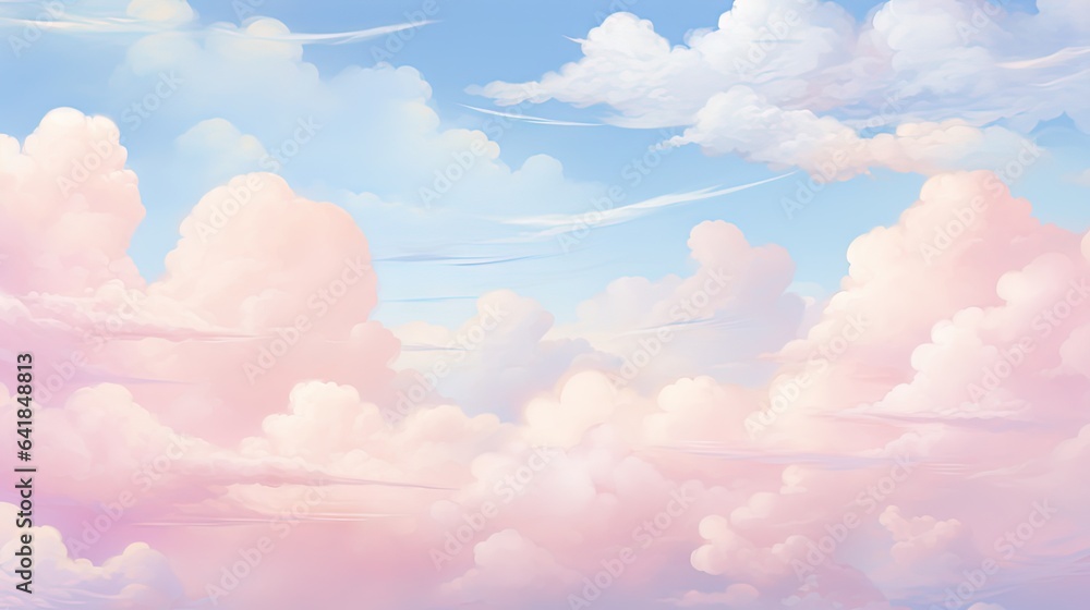  a painting of a sky with clouds and a plane in the distance.  generative ai