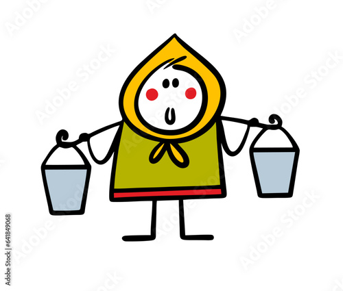Village girl walks from the well with a yoke and heavy buckets. Vector illustration of a woman in a scarf and sundress carrying clean water.