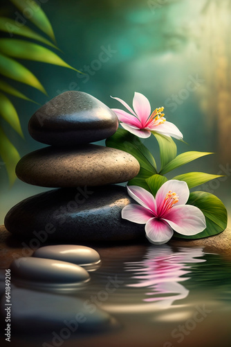 Zen stones and bamboo on the water lined with spa pebbles and plumeria flowers. Generative AI 