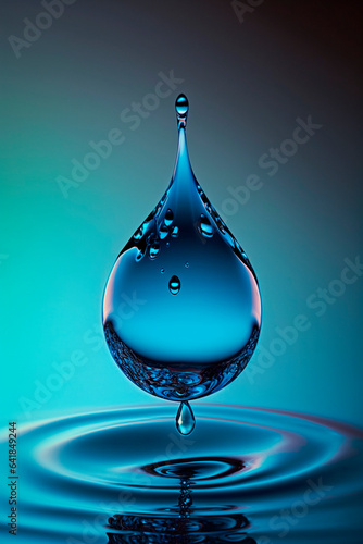 A close-up of a drop of water falls into the water. Generative AI,
