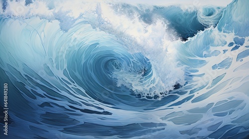  a painting of a large blue wave in the ocean with white foam.  generative ai