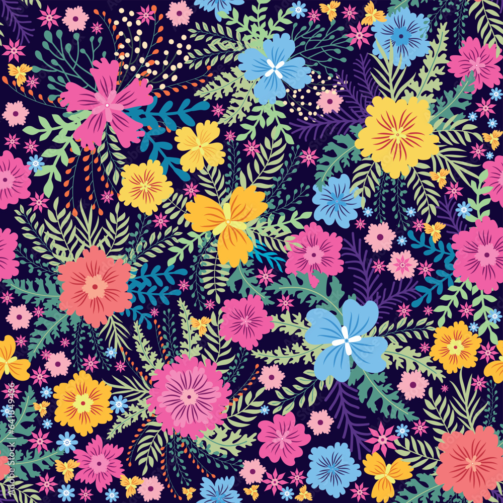 Fairy meadow with flowers seamless pattern. Cute feminine design