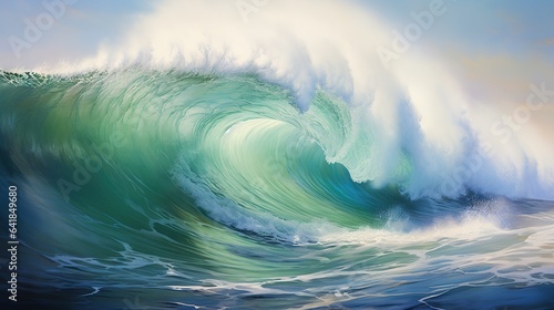  a painting of a large wave in the ocean with a sky background.  generative ai © Anna