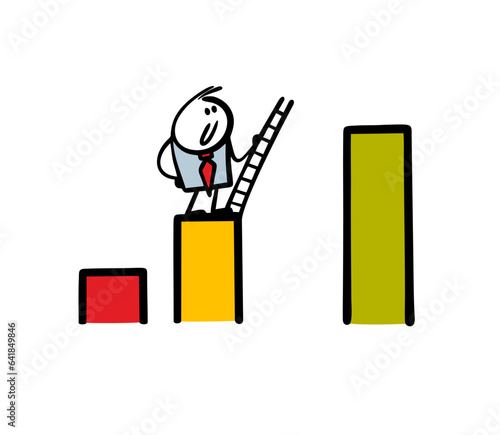 Self-confident businessman holds a ladder in his hands and strives for success in business. Vector illustration of a cunning cartoon man with a tool and a promotion schedule.