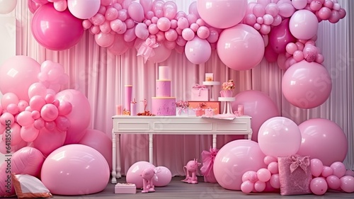 a photo zone adorned with children's toys and inflatable balls in a delightful combination of white and pink tones, creating a joyful ambiance for a little girl's birthday celebration.