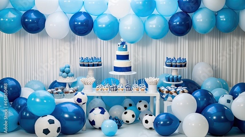 a photo zone adorned with children's toys and inflatable balls in white and blue tones, creating a festive setting for a little boy's birthday celebration.
