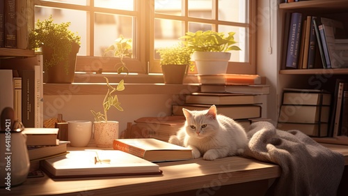 a white home interior with a cat comfortably napping on a table adorned with books and office supplies. The scene captures the balance between rest and work.