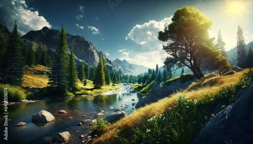beautiful landscape with a river. Generative AI, photo