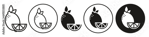Lemon lime Icon. Symbol of natural citrus fruit juice with half cut organic raw vitamin c rich. Vector set logo of fresh slice of lemon ripe sour for drink and cocktail in flat outline style