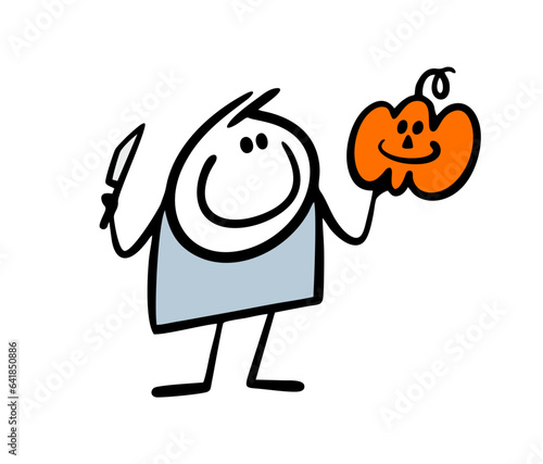 Satisfied stickman holds a knife in his hand and carves a cheerful face on a pumpkin. Vector illustration of preparation for Halloween pary holiday.