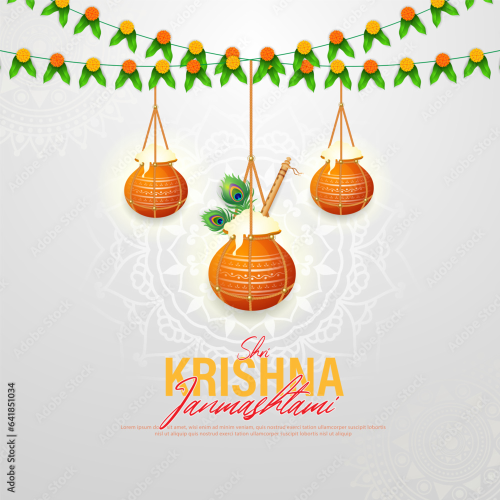 Naklejka premium Happy Janmashtami festival poster template design with dahi handi and peacock feather.