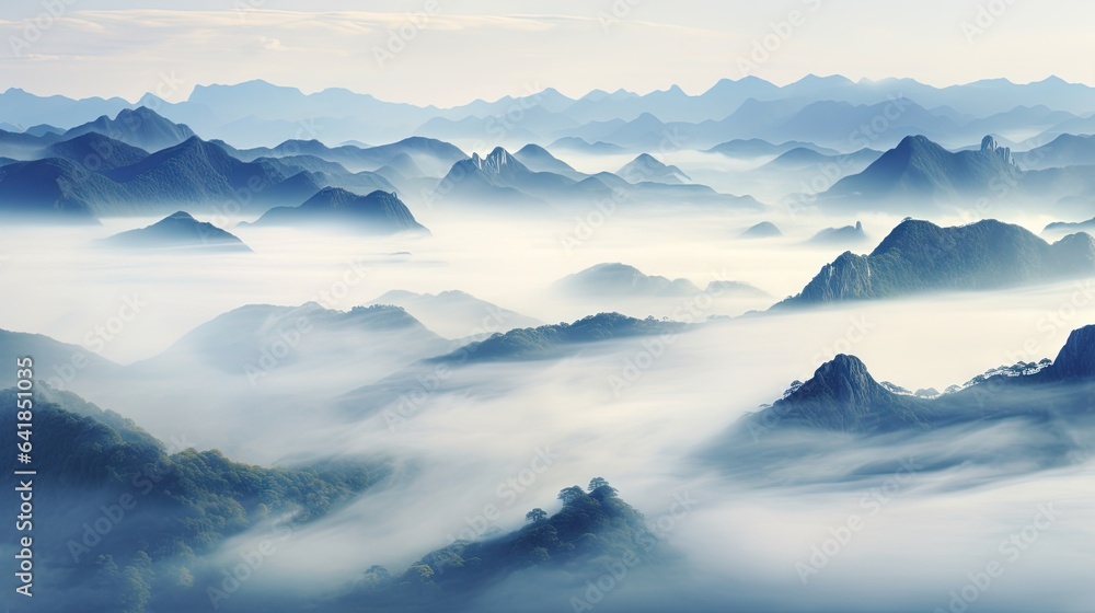 a view of a mountain range covered in fog and clouds. generative ai a view of a mountain range covered in fog and clouds. generative ai