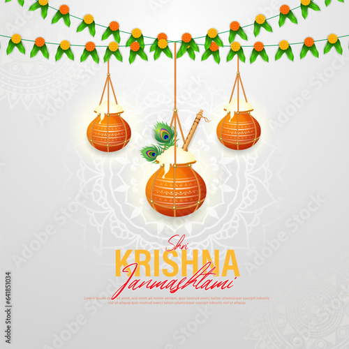 Happy Janmashtami festival poster template design with dahi handi and peacock feather.