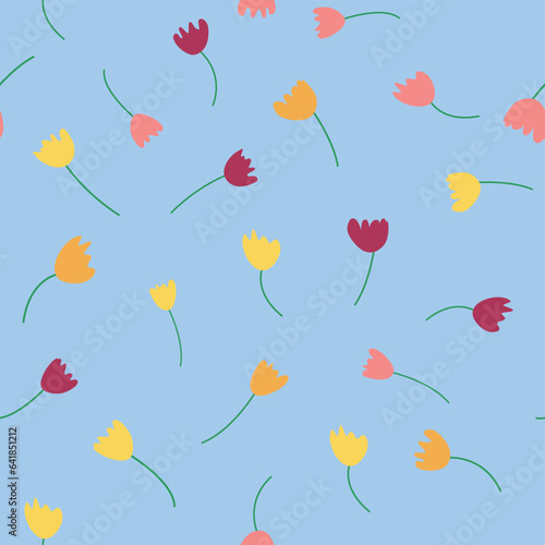 Seamless floral pattern with colorful tulip flowers, leaves and petals. Retro from the 1970s © MichiruKayo