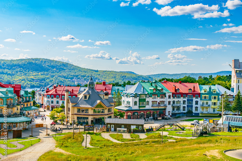 Mont Tremblant, beautiful national park and village in perfect harmony with nature.The unique and wonderful Mont-Tremblant resort village, Quebec, Canada. High quality photo. - obrazy, fototapety, plakaty 