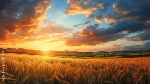  a field of wheat with the sun setting in the background. generative ai