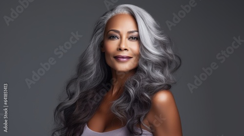 Black woman with healthy face in studio with gray background.