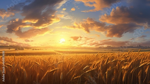  a field of wheat with the sun setting in the background.  generative ai © Anna