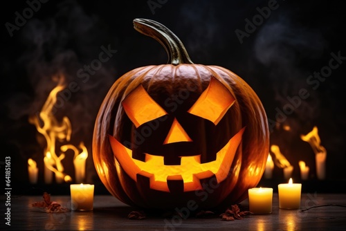 carved luminous pumpkin with scary face