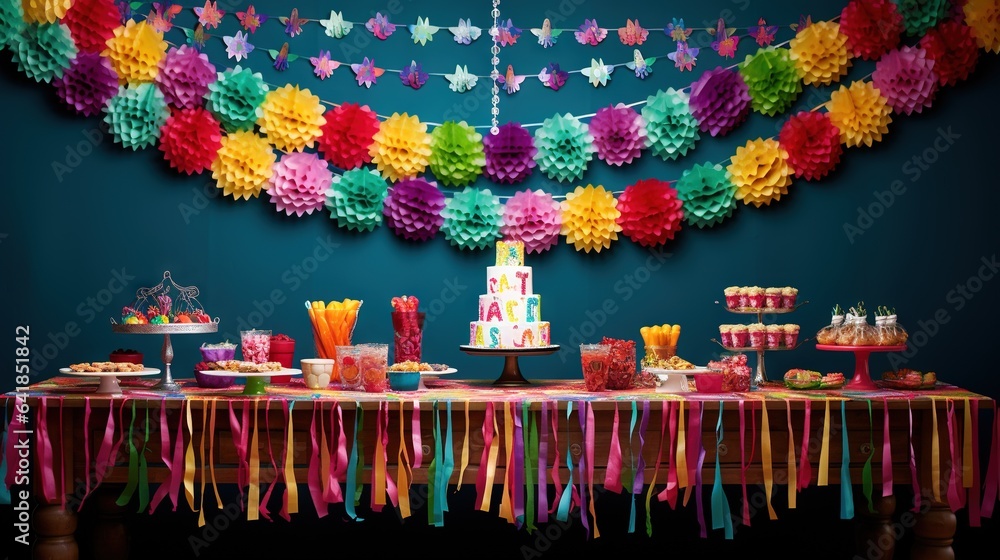 Fototapeta premium a table with a cake, cupcakes, and decorations on it. generative ai