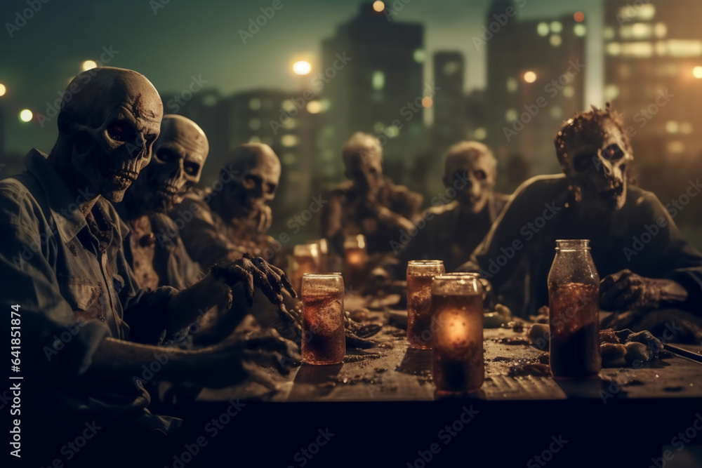 Group of zombies drinking beer at night 