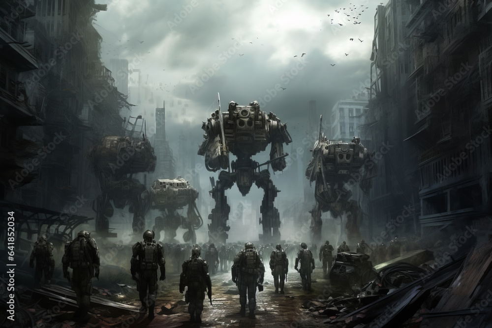 Action scene of a sci-fi mech standing on the ruins of the city in an attacking pose with an assault gun. Apocalypse concept. Action scene of a sci-fi mech standing on the ruins of the city in an attacking pose with an assault gun. Apocalypse concept.