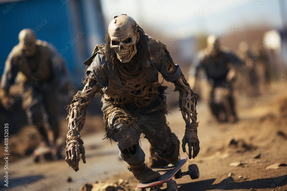Naklejka premium Zombie riding a skateboard on the street