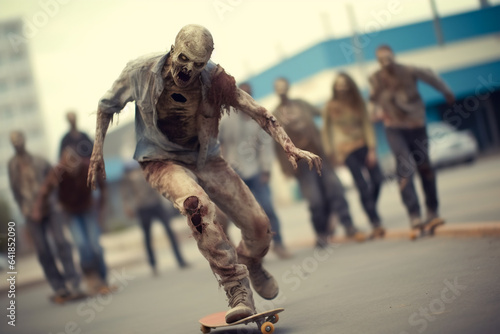 Zombie riding a skateboard on the street