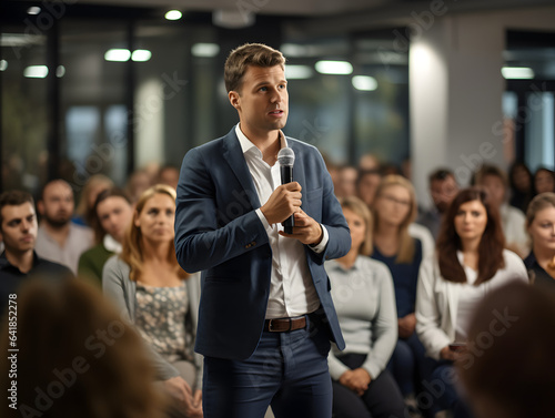 Confident CEO addressing employees during a town hall meeting.