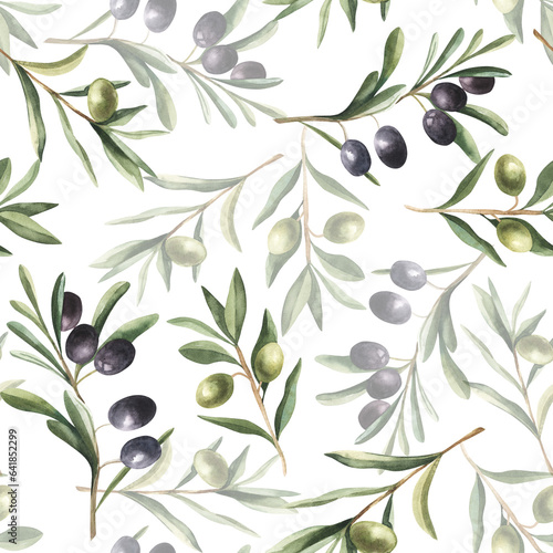 Seamless watercolor pattern with green and black olives. Hand painted illustration with olive branches and leaves isolated on white background. For design, print and fabric, wallpaper