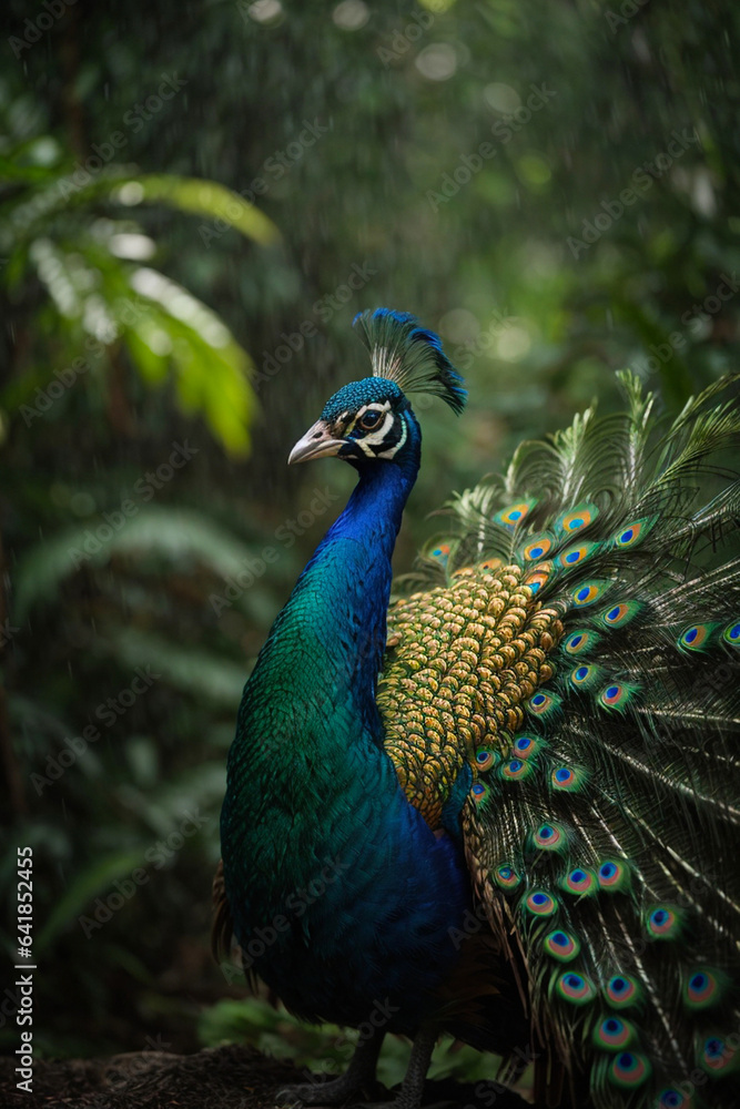 Obraz premium A majestic peacock in a tropical rain forest