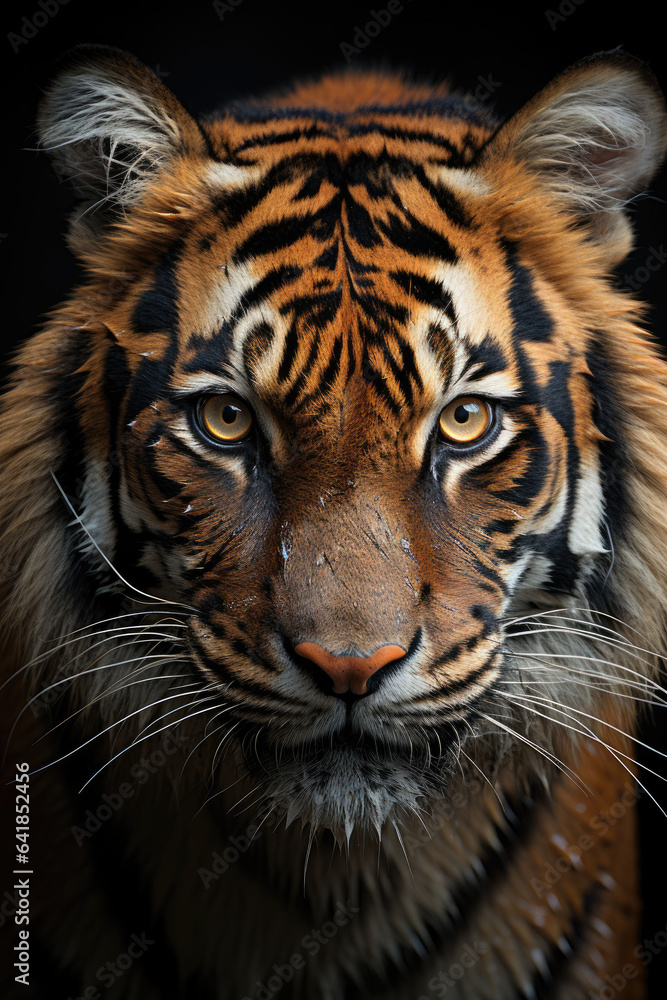 Naklejka premium closeup of a tiger on black background, portrait photo.genearative ai