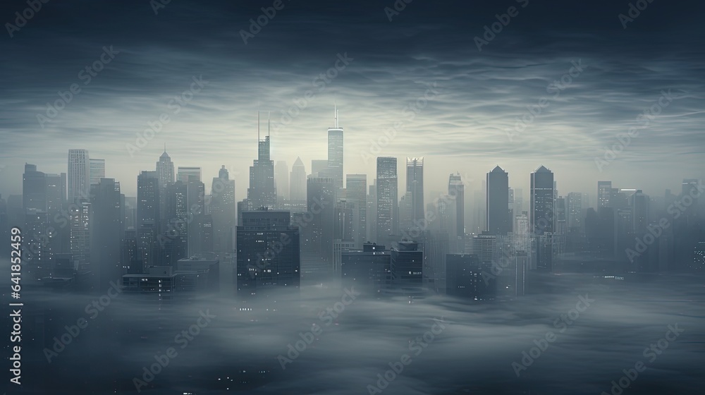  a city in the fog with skyscrapers in the distance.  generative ai