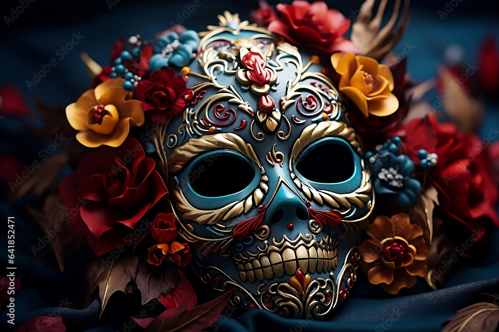 Blue skull mask  for Mexican Day of Death with flowers.