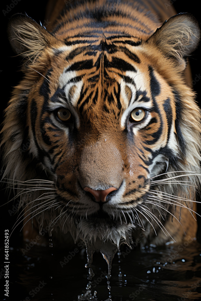 Fototapeta premium closeup of a tiger on black background, portrait photo.