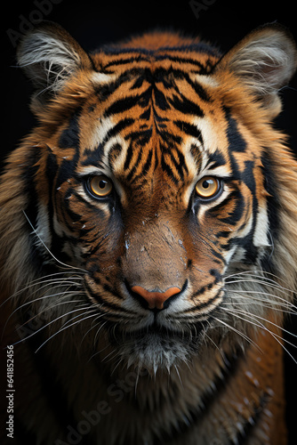 closeup of a tiger on black background, portrait photo.genearative ai