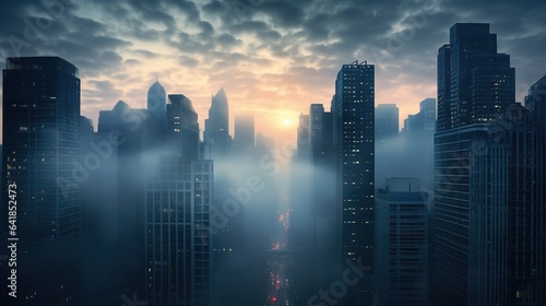  a foggy city skyline with skyscrapers in the distance. generative ai