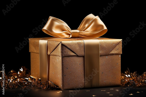 Golden glittering gift box with ribbons. photo