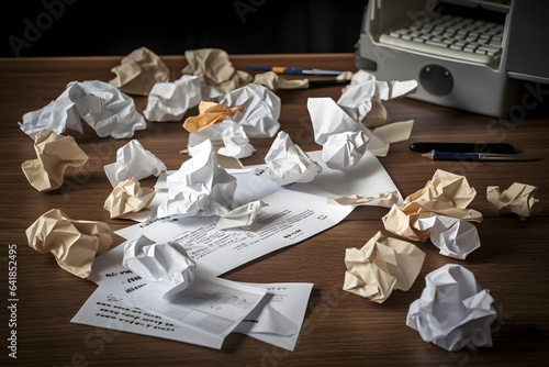 Crumpled paper with hurtful words thrown on a workspace desk. photo