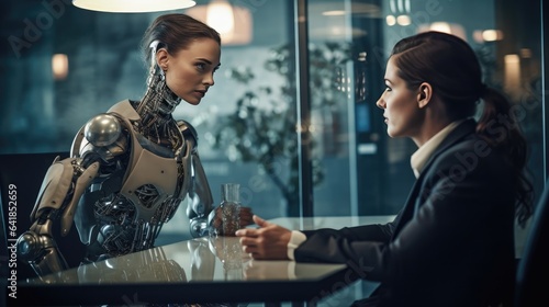 tense scene in the waiting room: girl in business attire and an AI robot are waiting for an interview