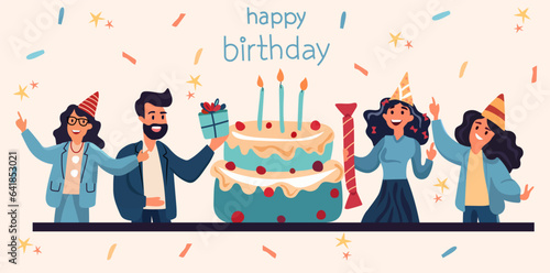 Office colleagues are celebrating a birthday. Dancing and confetti add flair, as office coworkers come together to revel in shared celebration. Concept of happiness, celebration. Vector.