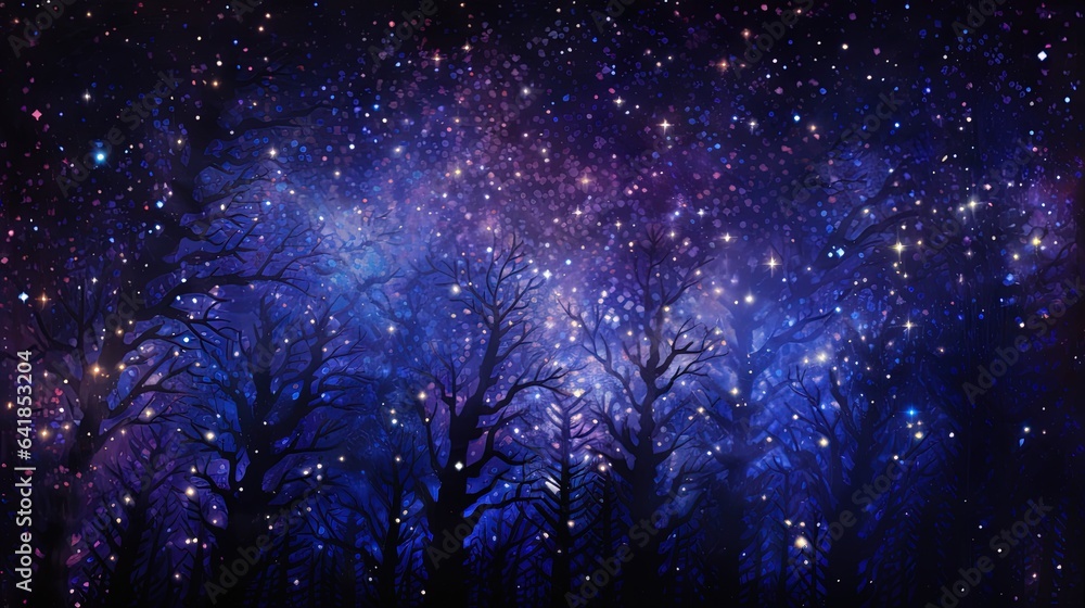 Fototapeta premium a night sky filled with stars and a lot of trees. generative ai