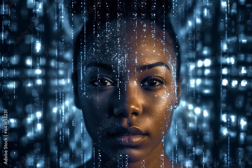 Black woman face with digital matrix numbers. Artificial intelligence. AI theme with a female human face Black woman face with digital matrix numbers. Artificial intelligence. AI theme with a female human face