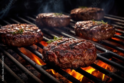 Juicy beef hamburger patties on the barbecue grill